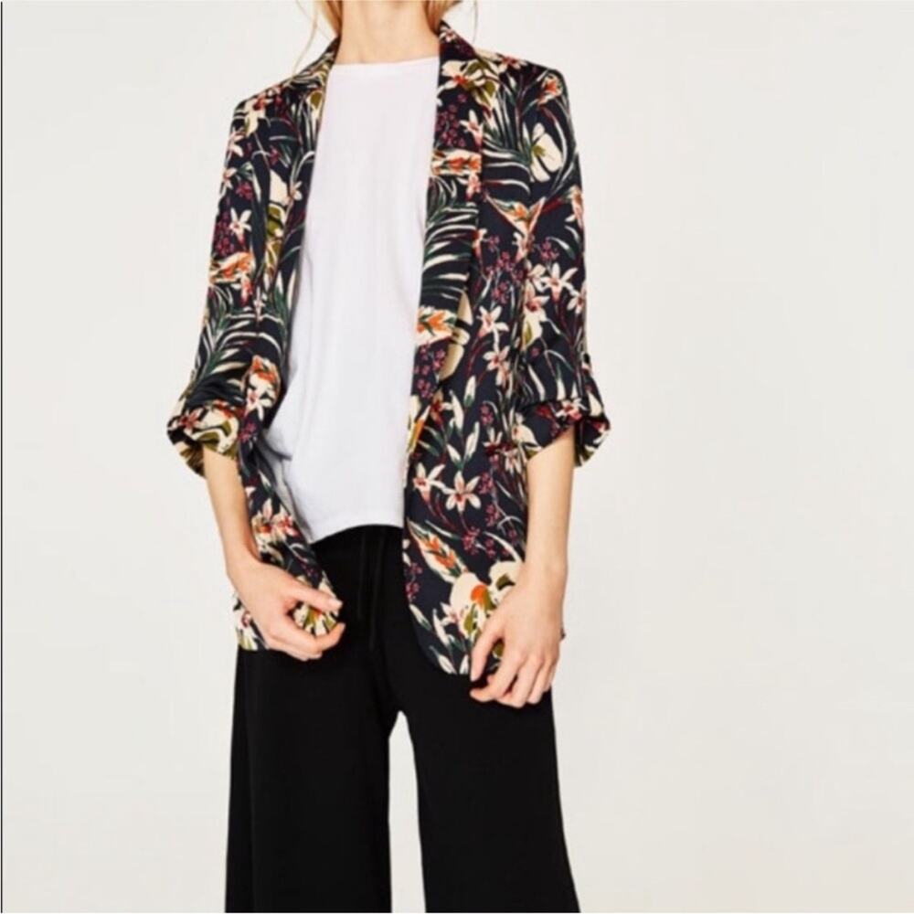 Zara Tropical Floral Satin Blazer 3/4 Ruched Sleeves S